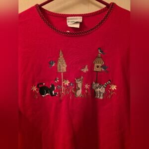 Vtg 90s Cat Kitten Floral Birds Embroidered Womens Top Red Short Sleeve